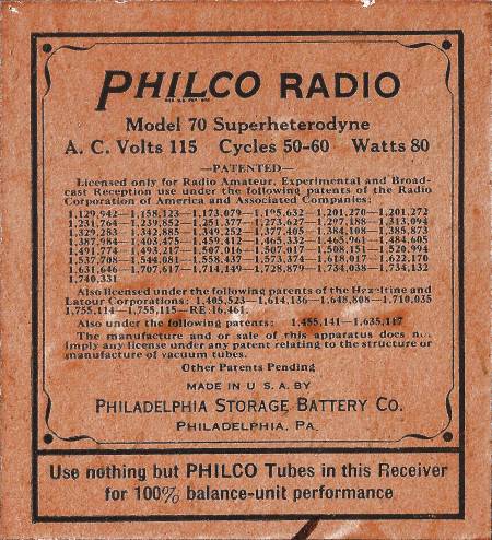 Model number label for Philco model 70